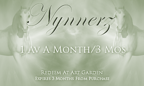 Nynnerz: 1 av per month, 3 months
Price: 700 points
Stipulations: Contact the artist for further information.
